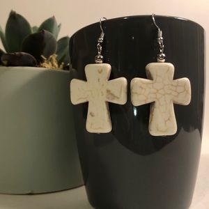 Ivory semiprecious stone cross earrings